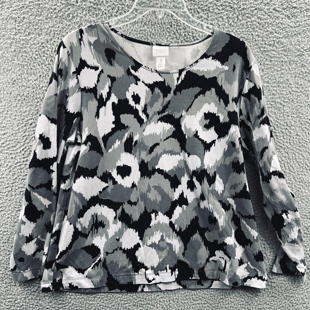 Chicos Womens Abstract Floral Knit Top L Elevated Modern Office Workwear Stretch